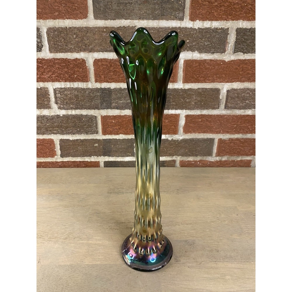 Fenton GREEN CARNIVAL GLASS 12 1/2" Rustic Swung Stretched Vase